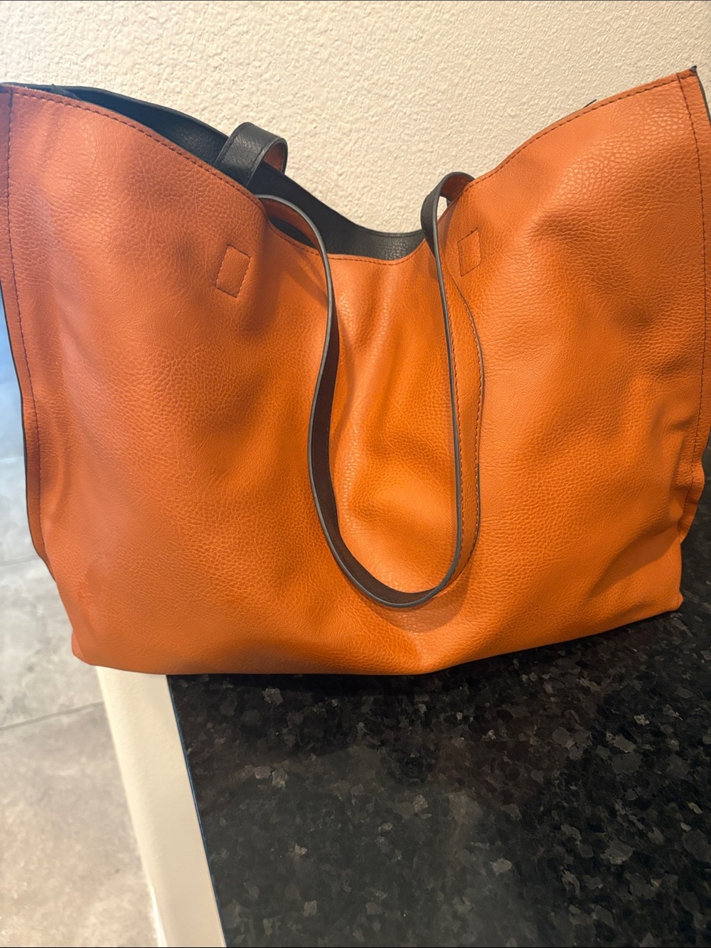Black and Dark Tan Reversible Leather Tote Bag - Picture 4 of 6